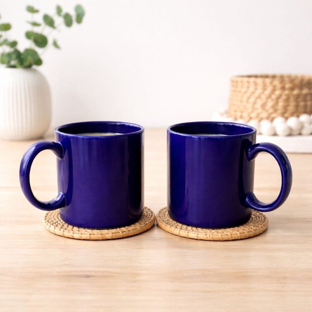 Hermitage Pottery Blue Mugs Cobalt Ceramic Coffee Cup Set Of 2 VTG Style Kitchen